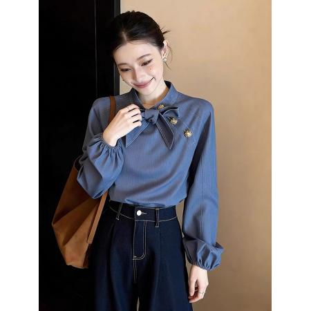 FA52364# 今年流行的漂亮小衫高级感轻奢减龄洋气设计感小众蓝色衬衫早春女  服裝批發女裝批發服飾貨源