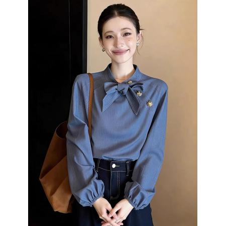 FA52364# 今年流行的漂亮小衫高级感轻奢减龄洋气设计感小众蓝色衬衫早春女  服裝批發女裝批發服飾貨源