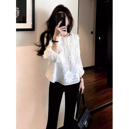 FA52365# 法式茶里茶气别致独特气质上衣高级感超好看减龄漂亮白色衬衫春季  服裝批發女裝批發服飾貨源