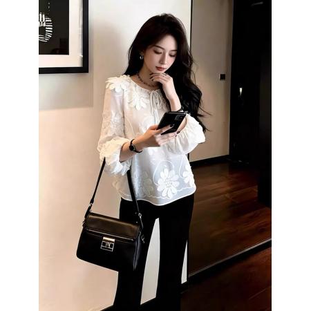 FA52365# 法式茶里茶气别致独特气质上衣高级感超好看减龄漂亮白色衬衫春季  服裝批發女裝批發服飾貨源