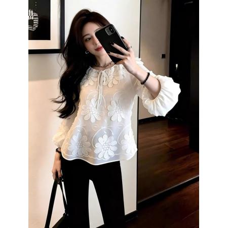 FA52365# 法式茶里茶气别致独特气质上衣高级感超好看减龄漂亮白色衬衫春季  服裝批發女裝批發服飾貨源