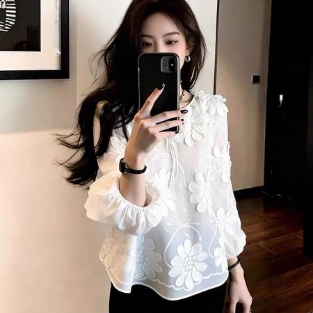 FA52365# 法式茶里茶气别致独特气质上衣高级感超好看减龄漂亮白色衬衫春季  服裝批發女裝批發服飾貨源