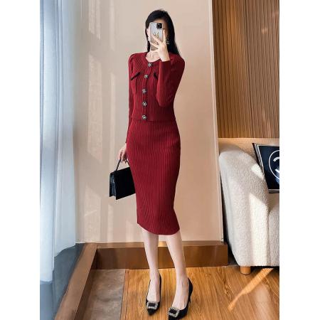 FA52371# 韩国回门敬酒红色毛衣两件套外穿打底针织开衫包裙半身裙套装秋冬  服裝批發女裝批發服飾貨源