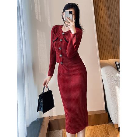 FA52371# 韩国回门敬酒红色毛衣两件套外穿打底针织开衫包裙半身裙套装秋冬  服裝批發女裝批發服飾貨源