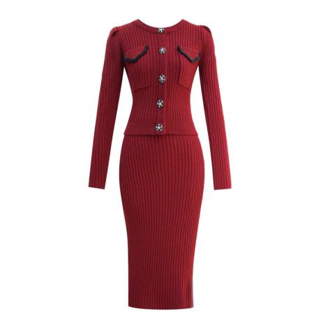 FA52371# 韩国回门敬酒红色毛衣两件套外穿打底针织开衫包裙半身裙套装秋冬  服裝批發女裝批發服飾貨源