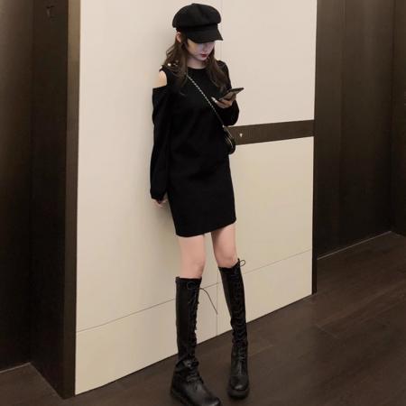 FA52372# 配大衣内搭修身针织连衣裙女秋冬性感露肩小个子气质打底毛衣裙子  服裝批發女裝批發服飾貨源