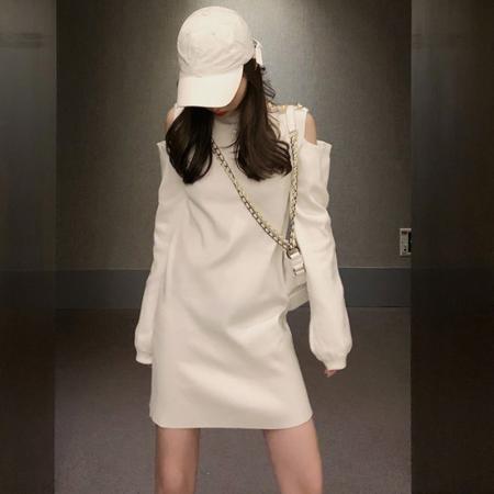 FA52372# 配大衣内搭修身针织连衣裙女秋冬性感露肩小个子气质打底毛衣裙子  服裝批發女裝批發服飾貨源