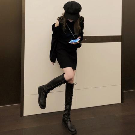 FA52372# 配大衣内搭修身针织连衣裙女秋冬性感露肩小个子气质打底毛衣裙子  服裝批發女裝批發服飾貨源