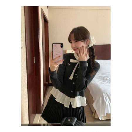 FA52373# 高级感黑色波点荷叶边拼接假两件长袖女立体蝴蝶结针织开衫外套  服裝批發女裝批發服飾貨源