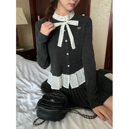 FA52373# 高级感黑色波点荷叶边拼接假两件长袖女立体蝴蝶结针织开衫外套  服裝批發女裝批發服飾貨源