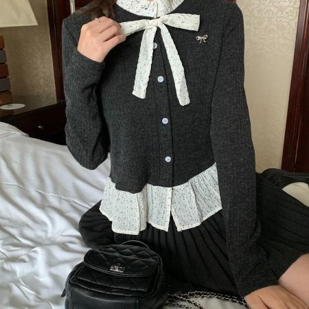 FA52373# 高级感黑色波点荷叶边拼接假两件长袖女立体蝴蝶结针织开衫外套  服裝批發女裝批發服飾貨源