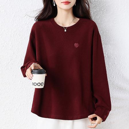 FA52374# 秋冬新款宽松大码刺绣褶皱显瘦百搭圆领长袖卫衣女  服裝批發女裝批發服飾貨源