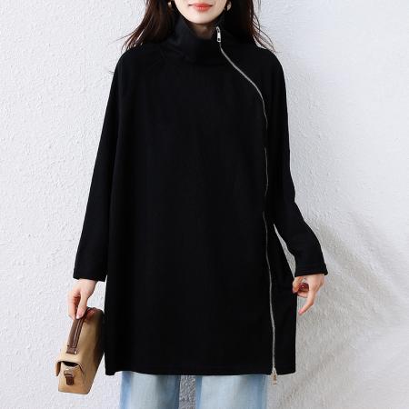 FA52375# 秋冬新款高领长袖中长款慵懒风T恤显瘦复古立领斜襟卫衣  服裝批發女裝批發服飾貨源