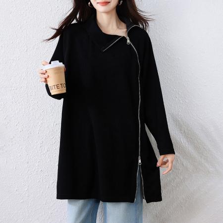 FA52375# 秋冬新款高领长袖中长款慵懒风T恤显瘦复古立领斜襟卫衣  服裝批發女裝批發服飾貨源