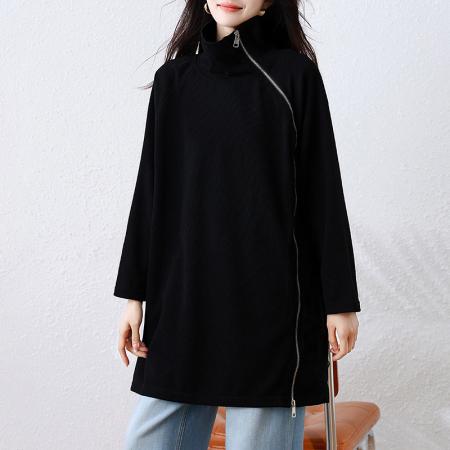 FA52375# 秋冬新款高领长袖中长款慵懒风T恤显瘦复古立领斜襟卫衣  服裝批發女裝批發服飾貨源