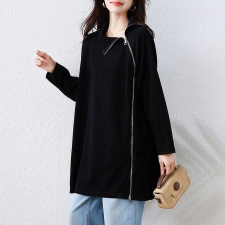 FA52375# 秋冬新款高领长袖中长款慵懒风T恤显瘦复古立领斜襟卫衣  服裝批發女裝批發服飾貨源
