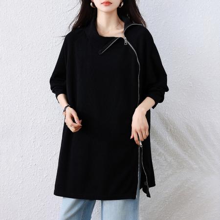 FA52375# 秋冬新款高领长袖中长款慵懒风T恤显瘦复古立领斜襟卫衣  服裝批發女裝批發服飾貨源