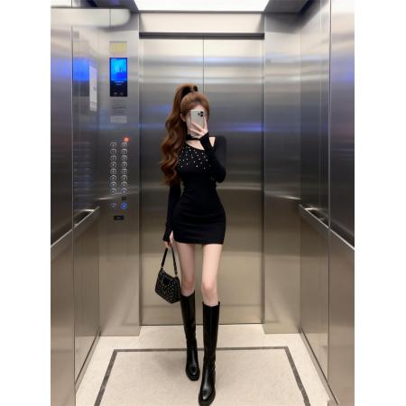 FA52378# 纯欲性感镂空钉钻s型曲线长袖针织连衣裙女包臀裙打底裙  服裝批發女裝批發服飾貨源