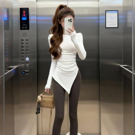 FA52381# 春款纯欲风中长款不规则上衣小衫女士修身显瘦打底衫  服裝批發女裝批發服飾貨源