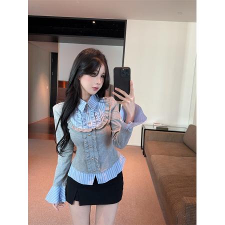 FA52382# 春款辣妹翻领假两件打底女内搭木耳边条纹拼接喇叭长袖上衣  服裝批發女裝批發服飾貨源