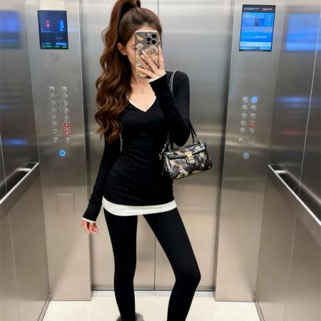 FA52384# 秋冬纯欲中长款撞色加绒小衫女士显瘦上衣V领体恤内搭  服裝批發女裝批發服飾貨源