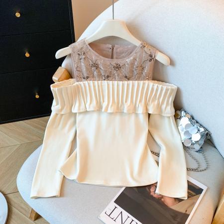 FA52386# 新款法式巨美露肩名媛风T恤辣妹穿搭显瘦长袖修身显瘦上衣女  服裝批發女裝批發服飾貨源