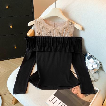 FA52386# 新款法式巨美露肩名媛风T恤辣妹穿搭显瘦长袖修身显瘦上衣女  服裝批發女裝批發服飾貨源