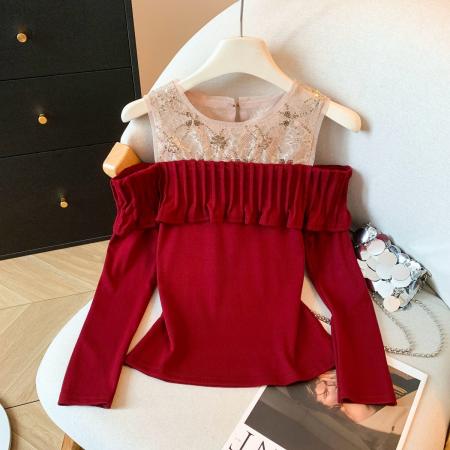 FA52386# 新款法式巨美露肩名媛风T恤辣妹穿搭显瘦长袖修身显瘦上衣女  服裝批發女裝批發服飾貨源