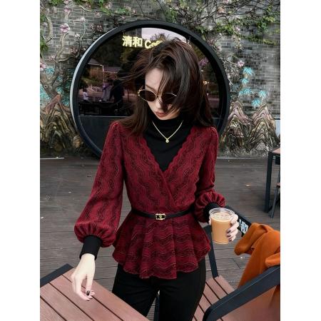 FA52388# 独特漂亮新款小衫女冬巨好看设计感气质高端掐腰酒红色假两件上  服裝批發女裝批發服飾貨源