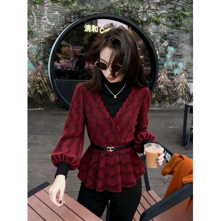 FA52388# 独特漂亮新款小衫女冬巨好看设计感气质高端掐腰酒红色假两件上  服裝批發女裝批發服飾貨源