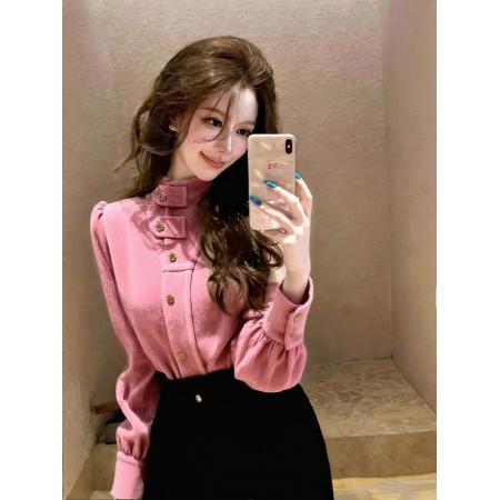 FA52389# 粉色雪尼尔衬衫女秋冬高级感轻奢减龄洋气独特超好看法式上衣  服裝批發女裝批發服飾貨源