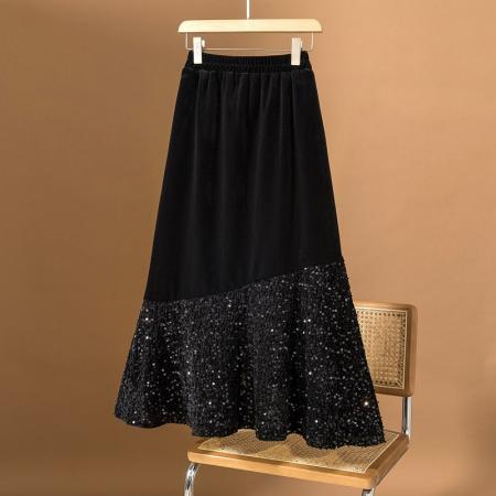 FA52392# 大码女装冬季新款高级感韩版丝绒设计感闪片拼接半身裙  服裝批發女裝批發服飾貨源