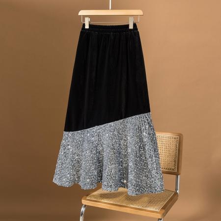 FA52392# 大码女装冬季新款高级感韩版丝绒设计感闪片拼接半身裙  服裝批發女裝批發服飾貨源