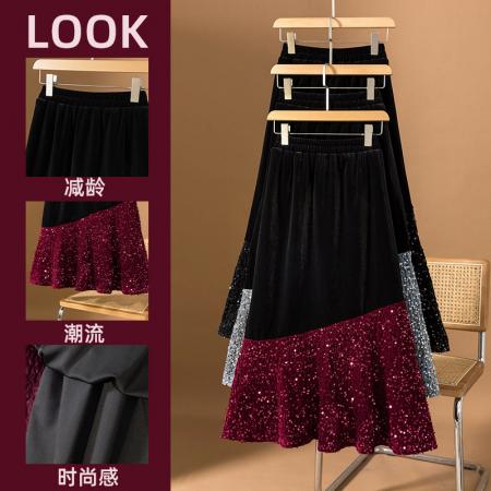 FA52392# 大码女装冬季新款高级感韩版丝绒设计感闪片拼接半身裙  服裝批發女裝批發服飾貨源