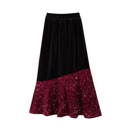 FA52392# 大码女装冬季新款高级感韩版丝绒设计感闪片拼接半身裙  服裝批發女裝批發服飾貨源