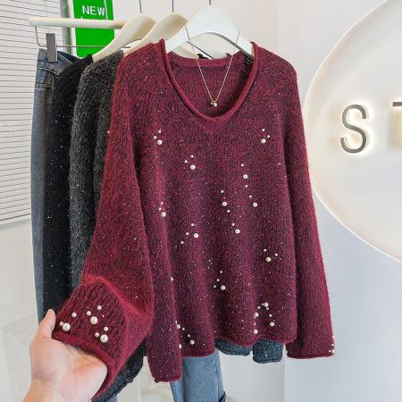 FA52393# 大码女装新款韩版重工订珠亮片V领卷边高级宽松显瘦减龄毛衣  服裝批發女裝批發服飾貨源