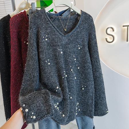 FA52393# 大码女装新款韩版重工订珠亮片V领卷边高级宽松显瘦减龄毛衣  服裝批發女裝批發服飾貨源