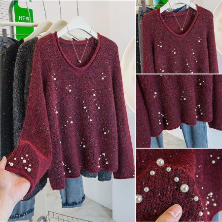 FA52393# 大码女装新款韩版重工订珠亮片V领卷边高级宽松显瘦减龄毛衣  服裝批發女裝批發服飾貨源