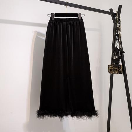 FA52395# 大码女装冬季新款韩系黑色丝绒高级感高腰包臀下摆毛毛半身裙  服裝批發女裝批發服飾貨源