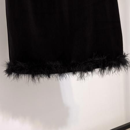 FA52395# 大码女装冬季新款韩系黑色丝绒高级感高腰包臀下摆毛毛半身裙  服裝批發女裝批發服飾貨源