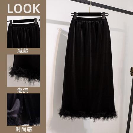 FA52395# 大码女装冬季新款韩系黑色丝绒高级感高腰包臀下摆毛毛半身裙  服裝批發女裝批發服飾貨源