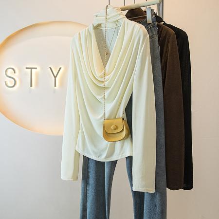 FA52398# 大码女装秋冬季新款韩版优雅慵懒质假两件荡领设计感百搭气质  服裝批發女裝批發服飾貨源