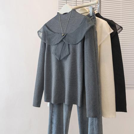 FA52399# 大码女装秋冬新款韩网纱荷叶边蝴蝶结气质百搭显瘦针织衫上衣  服裝批發女裝批發服飾貨源