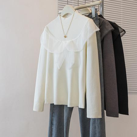 FA52399# 大码女装秋冬新款韩网纱荷叶边蝴蝶结气质百搭显瘦针织衫上衣  服裝批發女裝批發服飾貨源