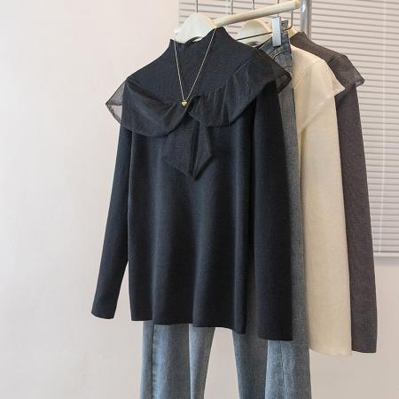 FA52399# 大码女装秋冬新款韩网纱荷叶边蝴蝶结气质百搭显瘦针织衫上衣  服裝批發女裝批發服飾貨源