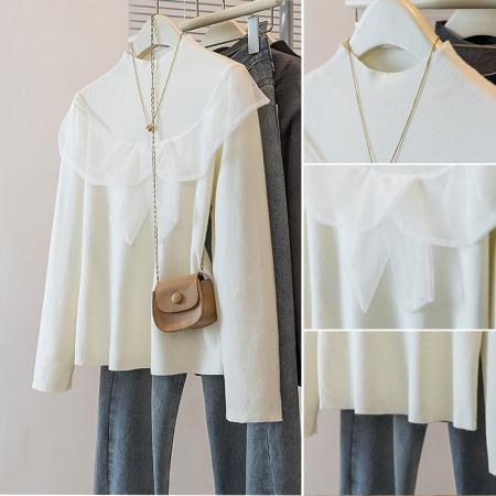 FA52399# 大码女装秋冬新款韩网纱荷叶边蝴蝶结气质百搭显瘦针织衫上衣  服裝批發女裝批發服飾貨源