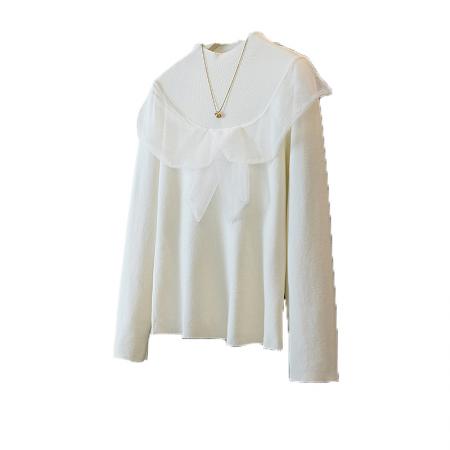 FA52399# 大码女装秋冬新款韩网纱荷叶边蝴蝶结气质百搭显瘦针织衫上衣  服裝批發女裝批發服飾貨源