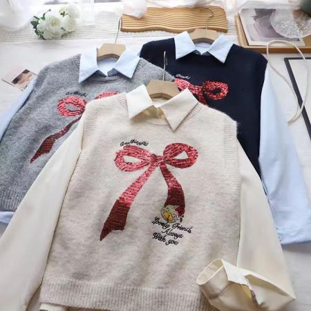 FA52400# 时尚蝴蝶结亮片刺绣针织马甲搭长袖衬衫女新款百搭叠穿上衣  服裝批發女裝批發服飾貨源