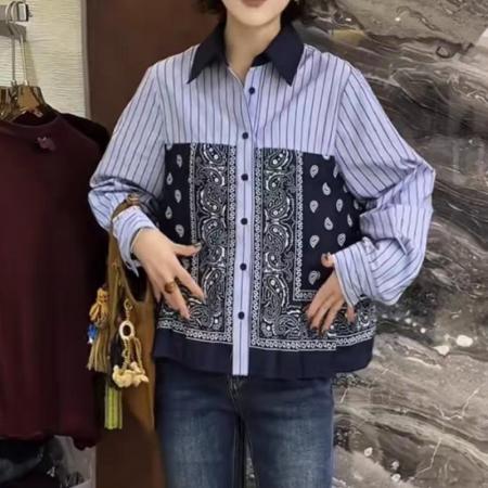 FA52401# 欧洲站秋季新款时尚设计感百搭显瘦翻领拼接印花条纹宽松衬衫  服裝批發女裝批發服飾貨源