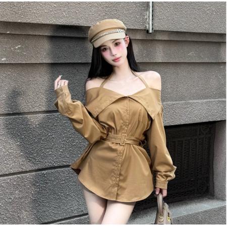 FA52402# 纯欲挂脖露肩吊带衬衫女秋季新款修身显瘦性感设计感小众长袖上衣  服裝批發女裝批發服飾貨源